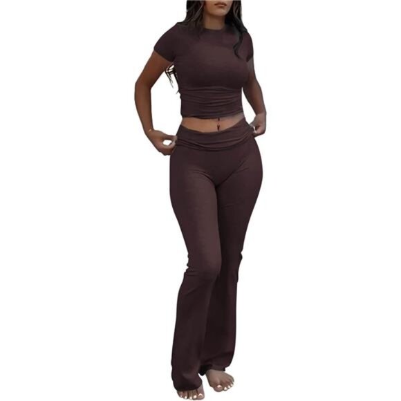 Casual Workout Two Piece Outfits for Women Short Sleeve Crop High Waist Flare - Picture 1 of 7
